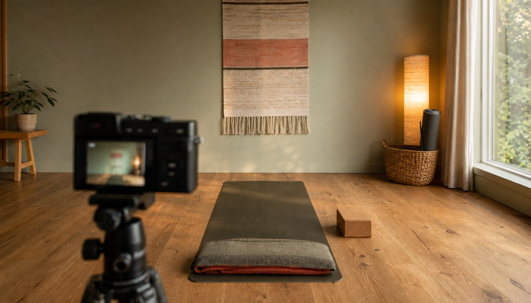 Online studio set: a camera, a mat, open space and good light